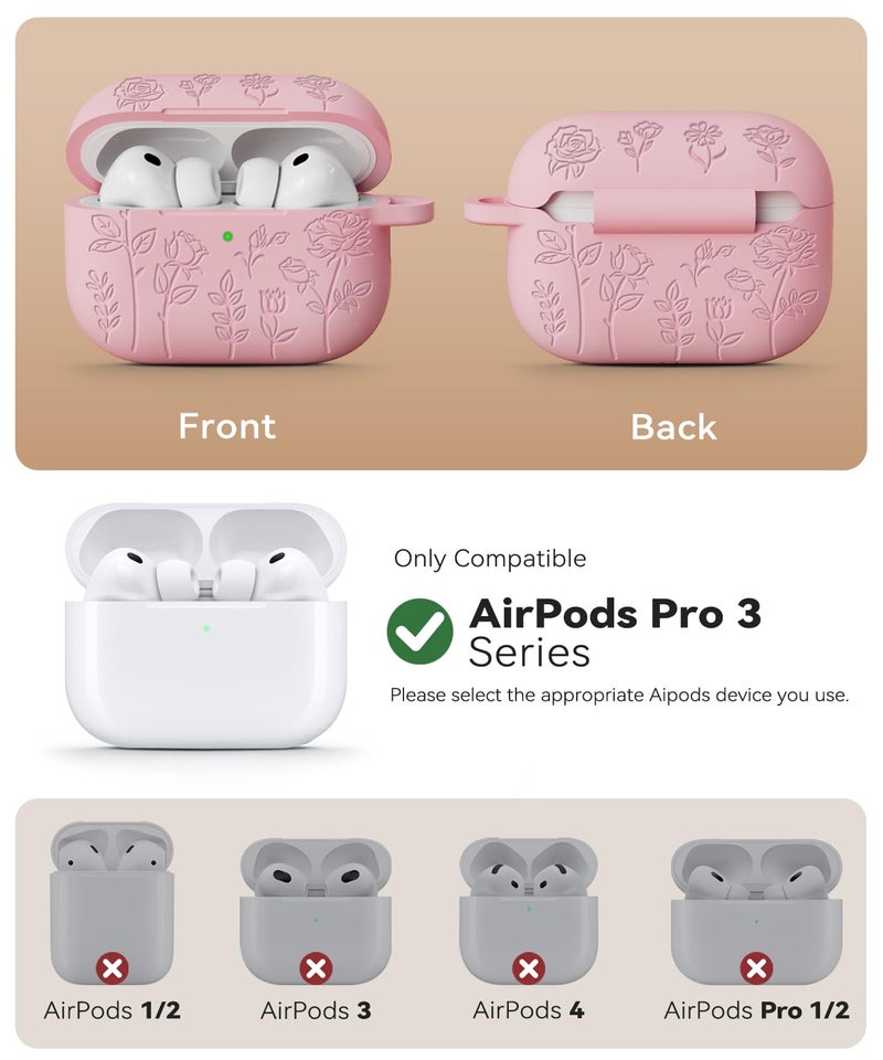 MCTOPZO for AirPods Pro 3 Case 2025 Come with Cleaner Kit,Rose Carving Pattern Design,Cute Soft Silicone Protective Cover for Women Girly -Pink - Image 2