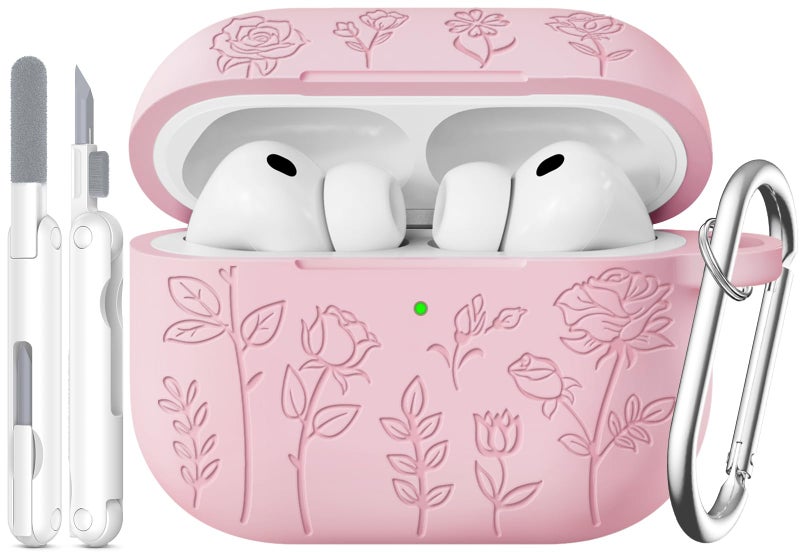 MCTOPZO for AirPods Pro 3 Case 2025 Come with Cleaner Kit,Rose Carving Pattern Design,Cute Soft Silicone Protective Cover for Women Girly -Pink - Image 1