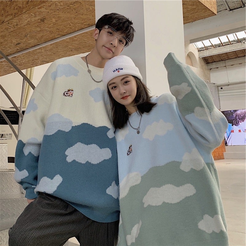 Japanese Soft Cartoon Cloud Sweater Unisex Winter Retro Loose Knit Under Green - Image 1