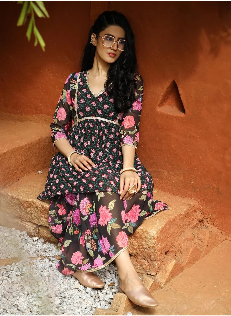  قصة Women's Midnight Black Floral Kurti And Sharara Set