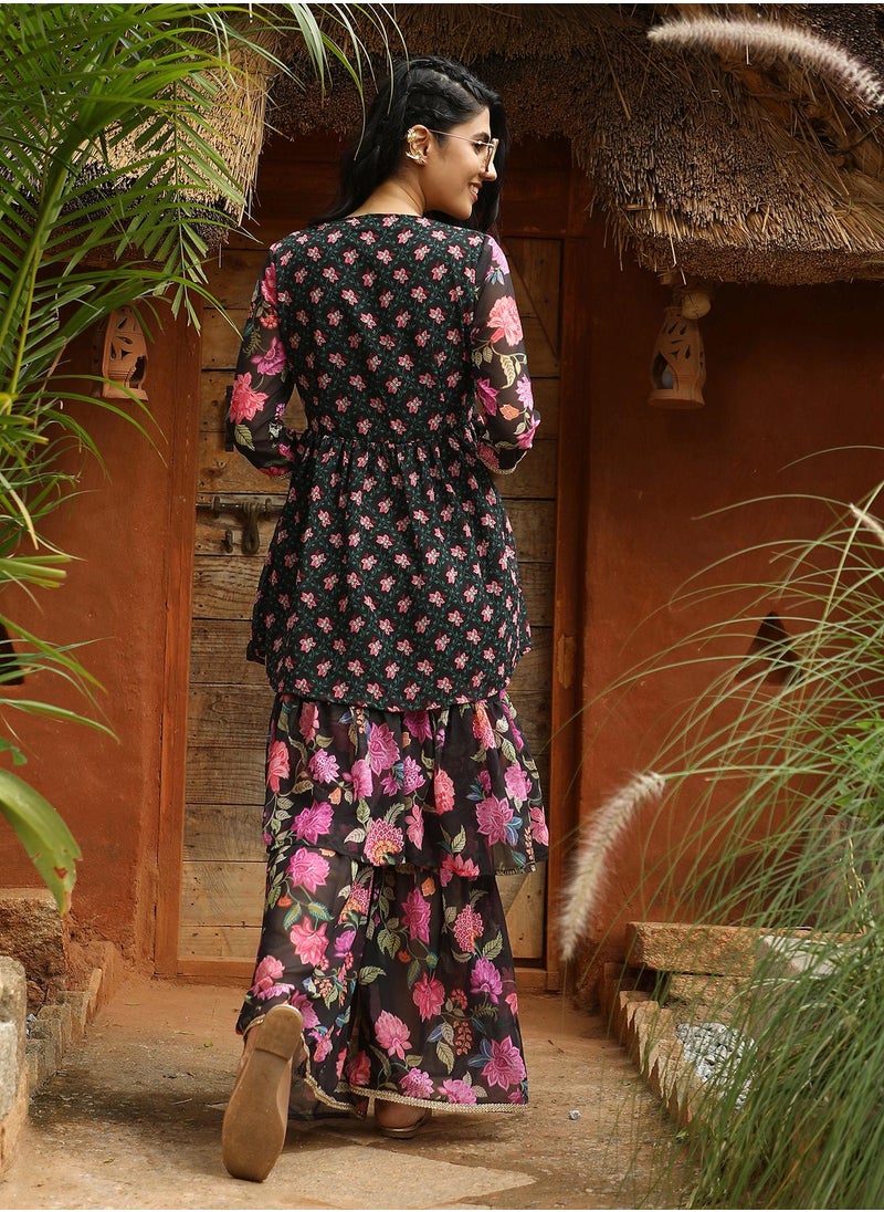 QISSA Qissa Women's Midnight Black Floral Kurti And Sharara Set For Casual Wear | V-Neck | Quarter Sleeve | 3 Piece Kurta Set Designed With Comfort Fit For Everyday Ethnic Wear  - Image 5