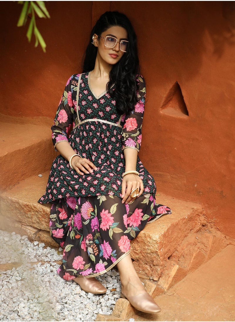 QISSA Qissa Women's Midnight Black Floral Kurti And Sharara Set For Casual Wear | V-Neck | Quarter Sleeve | 3 Piece Kurta Set Designed With Comfort Fit For Everyday Ethnic Wear  - Image 1