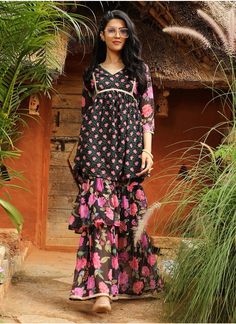 QISSA Qissa Women's Midnight Black Floral Kurti And Sharara Set For Casual Wear | V-Neck | Quarter Sleeve | 3 Piece Kurta Set Designed With Comfort Fit For Everyday Ethnic Wear  - Image 3