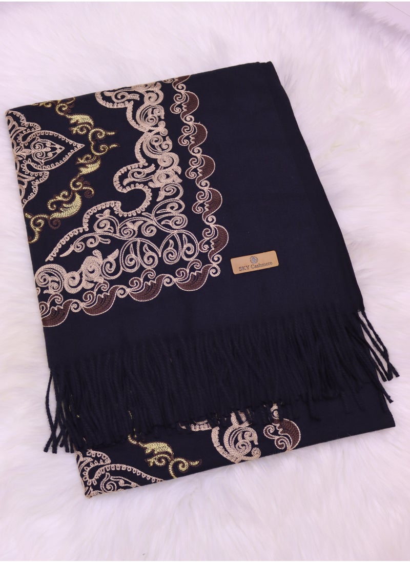Sky cashmere - Embroidered Shawl with Fringe - Image 1