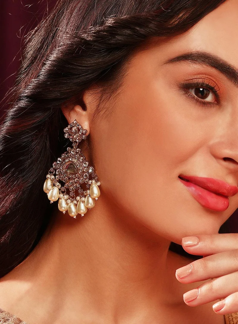 ISHIN Warm Metallic Plated Kundan Ivory Beadeds Floral Drop Earrrings