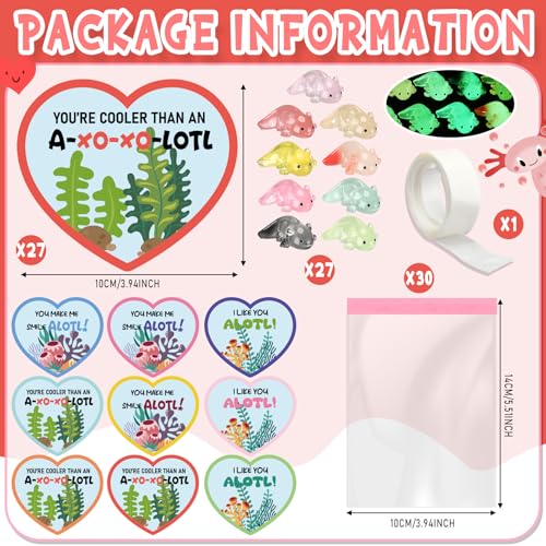 RattanView 27 Packs Axolotl Valentines with Gift Card Mini Resin Animal Miniature Figure for Axolotl Party Favors Exchange Gifts Decoration Coworker FriendGlow in the Dark - Image 5