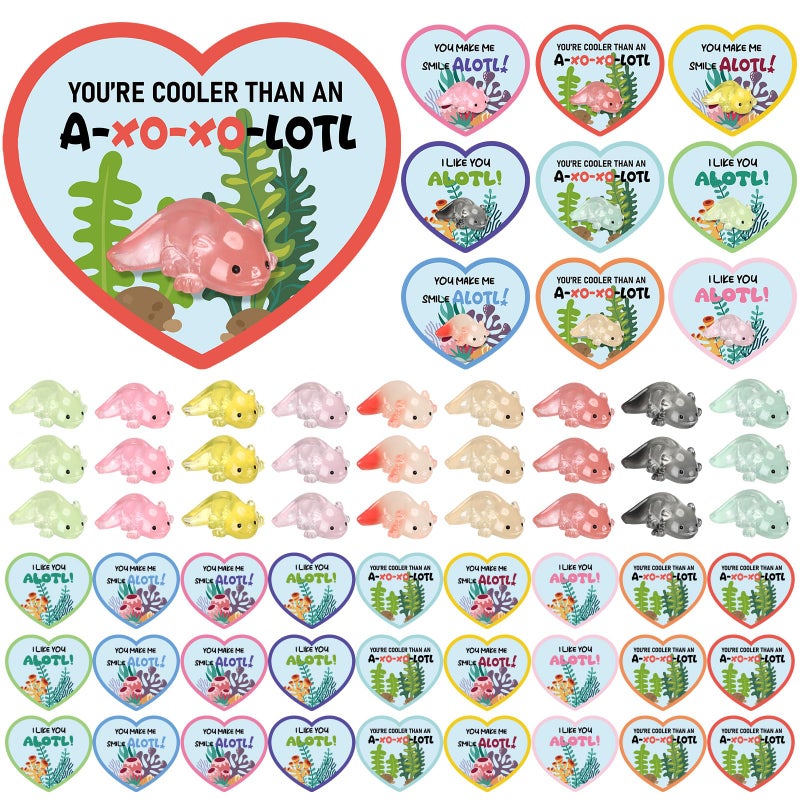 RattanView 27 Packs Axolotl Valentines with Gift Card Mini Resin Animal Miniature Figure for Axolotl Party Favors Exchange Gifts Decoration Coworker FriendGlow in the Dark - Image 3