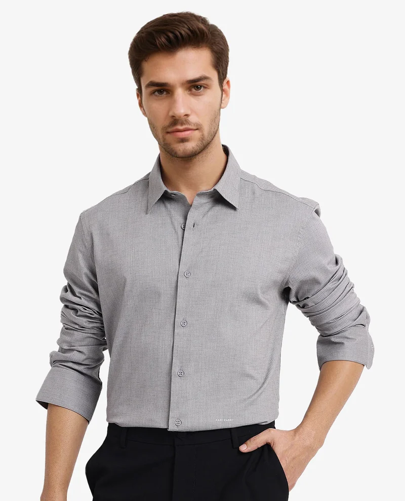 Rare Rabbit Rare Rabbit Men's Auxon Grey Polyester Cotton Fabric Blend Full Sleeve Regular Fit Solid Textured Shirt