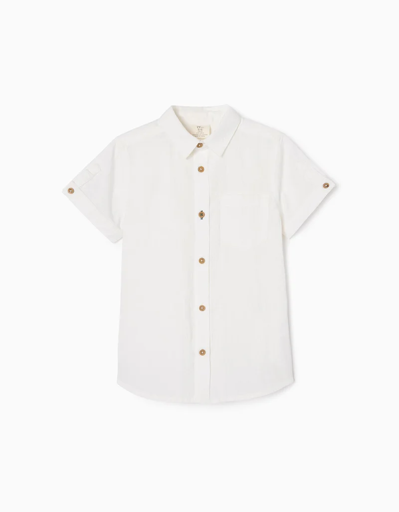 Zippy Short Sleeve Cotton Shirt with Texture for Boys, White