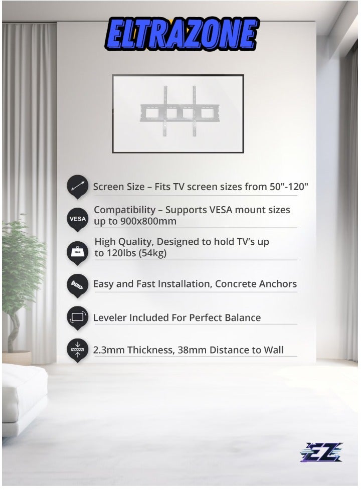 ELTRAZONE Heavy-Duty Fixed TV Wall Mount for 50”-120” Screens – VESA 900x800mm, 2.3mm Thickness, Sturdy Support for Large Flat Panel TVs Black - Image 2