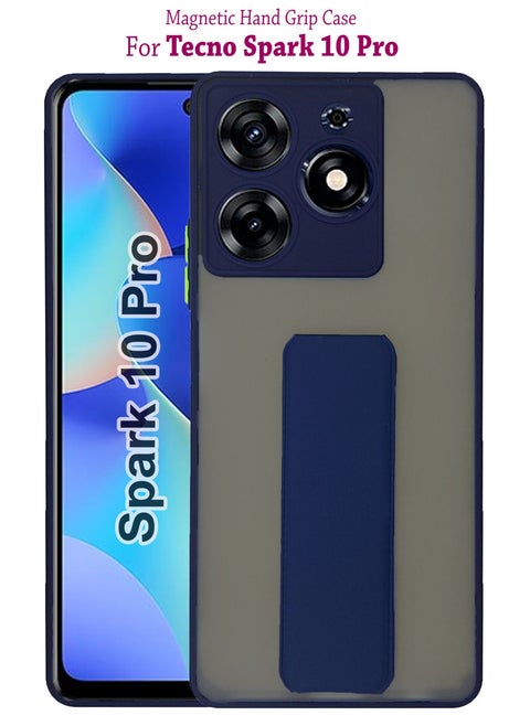 Premium Silicone Protective Case Cover With Magnetic Hand Grip For Tecno Spark 10 Pro - Dark Blue