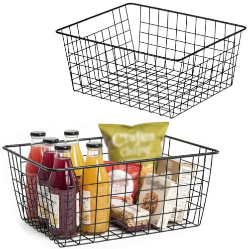 Aeggplant Kitchen Metal Wire Baskets Farmhouse Decor Metal Food Storage Organizer,Household Refrigerator Bin with Built-in Handles for Cabinets,Pantry,Bathroom,Black - Image 1
