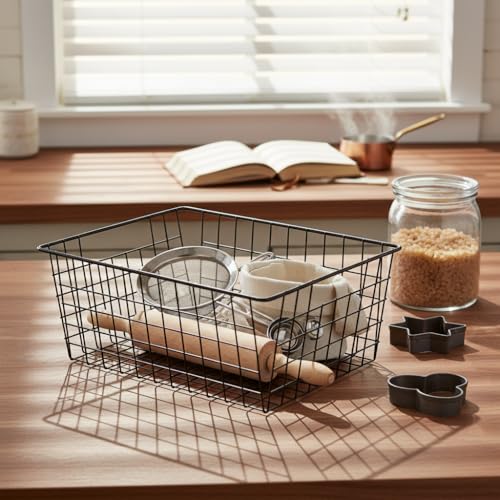 Aeggplant Kitchen Metal Wire Baskets Farmhouse Decor Metal Food Storage Organizer,Household Refrigerator Bin with Built-in Handles for Cabinets,Pantry,Bathroom,Black - Image 5