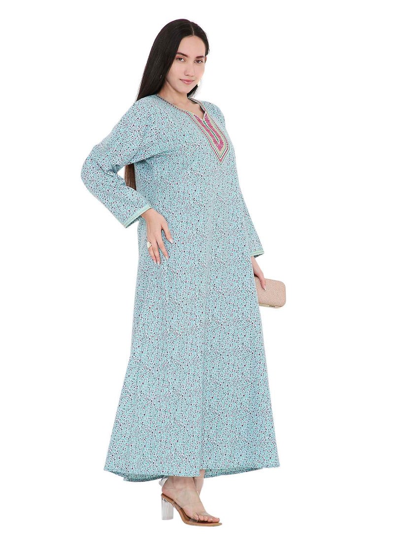 HANA & SARA TINY FLOWER PRINT WITH UNIQUE THREAD EMBROIDERY ON NECK CASUAL ARABIC FARASHA KAFTAN JALABIYA DRESS  - Image 1