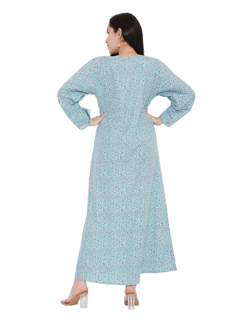 HANA & SARA TINY FLOWER PRINT WITH UNIQUE THREAD EMBROIDERY ON NECK CASUAL ARABIC FARASHA KAFTAN JALABIYA DRESS  - Image 2