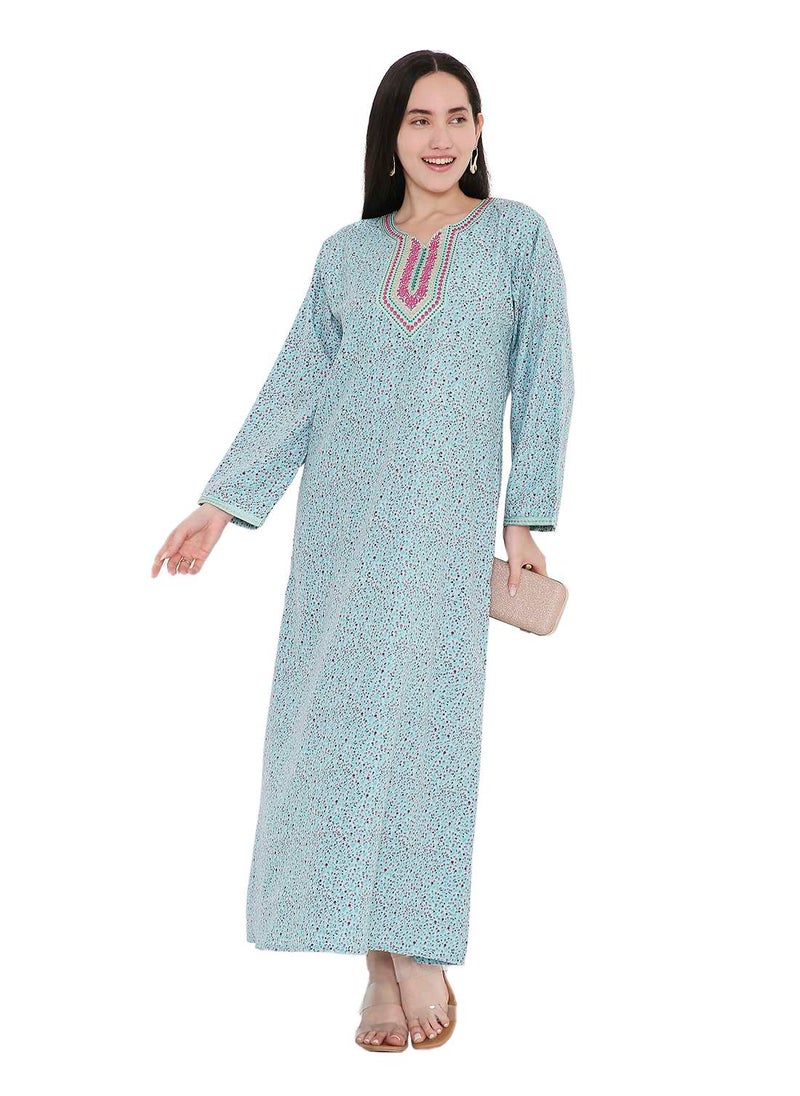 HANA & SARA TINY FLOWER PRINT WITH UNIQUE THREAD EMBROIDERY ON NECK CASUAL ARABIC FARASHA KAFTAN JALABIYA DRESS  - Image 4