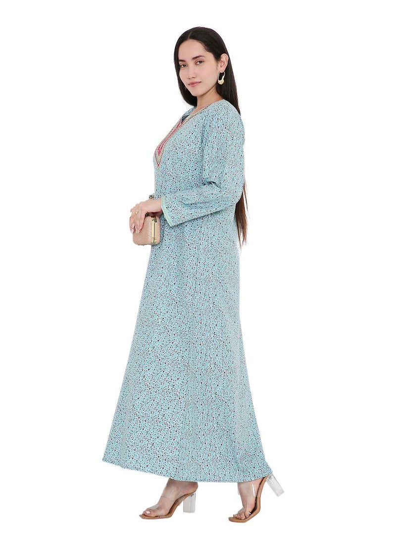 HANA & SARA TINY FLOWER PRINT WITH UNIQUE THREAD EMBROIDERY ON NECK CASUAL ARABIC FARASHA KAFTAN JALABIYA DRESS  - Image 5