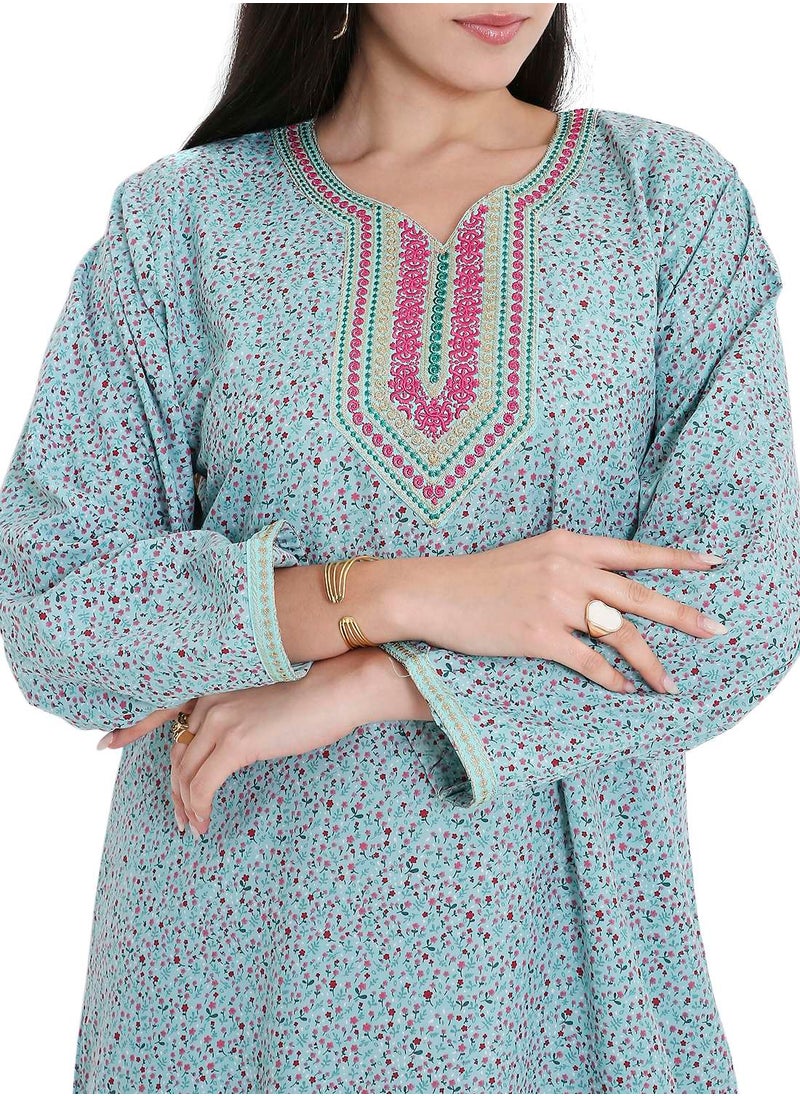 HANA & SARA TINY FLOWER PRINT WITH UNIQUE THREAD EMBROIDERY ON NECK CASUAL ARABIC FARASHA KAFTAN JALABIYA DRESS  - Image 3