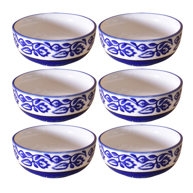 Kunhar Ceramic Hand Painted Dessert Bowls - 200 Ml, 6 Pieces, Blue Vine - Image 1