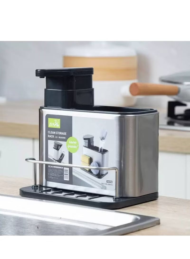 موزع صابون لحوض المطبخ ، حامل اسفنجة 3 في 1 - منظم حوض المطبخ من الستانلس ستيل مع حامل اسفنجة وحامل فرشاة - Image 1