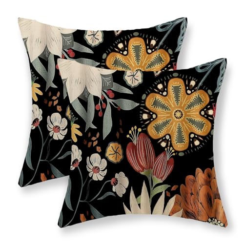 JEFERSO Spring Pillow Covers 18x18 Set of 2, Vintage Boho Floral Throw Pillows Summer Tropical Leaves Sunflower Pillowcase Sunshineyan Bohemian Outdoor Decorative Black Cushion Case for Home Decor - Image 1