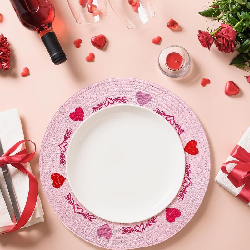 Whaline 4Pcs Round Valentine Placemats Red Pink Heart Embroidered Place Mats Decorative Dinner Table Mats for Home Wedding Anniversary Party Decor - Image 4