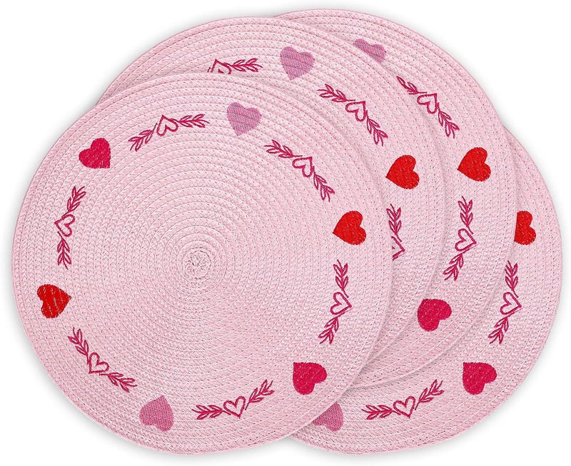 Whaline 4Pcs Round Valentine Placemats Red Pink Heart Embroidered Place Mats Decorative Dinner Table Mats for Home Wedding Anniversary Party Decor - Image 1