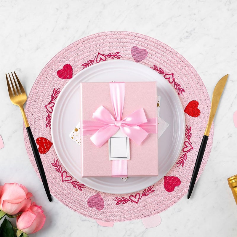 Whaline 4Pcs Round Valentine Placemats Red Pink Heart Embroidered Place Mats Decorative Dinner Table Mats for Home Wedding Anniversary Party Decor - Image 5