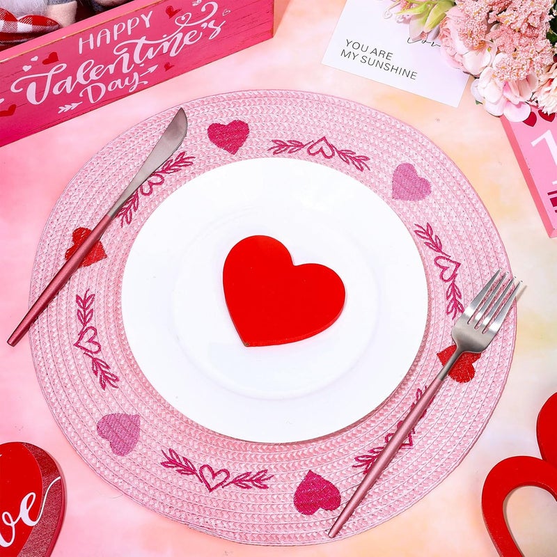 Whaline 4Pcs Round Valentine Placemats Red Pink Heart Embroidered Place Mats Decorative Dinner Table Mats for Home Wedding Anniversary Party Decor - Image 3