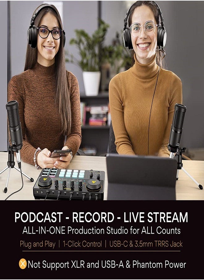 Maono - Audio Interface with DJ Mixer and Sound Card, MAONO Portable All-in-One Podcast Production Studio with 3.5mm Microphone for Guitar, YouTube Live Streaming, PC, Studio and Gaming (AU-AM200-S1) - Image 1