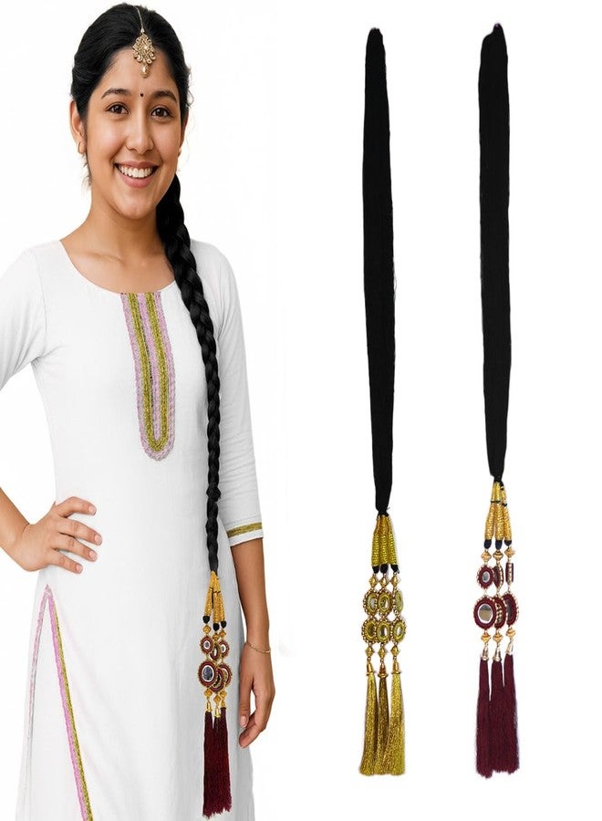 AHS Paranda for Hair Punjabi Stylish Heavy Accessory for Women & Girls | Long Braid Tassels Hair Mroon & Golden Parandi Traditional Patiala Choti Hair Extension (Pack of 2) - Image 1