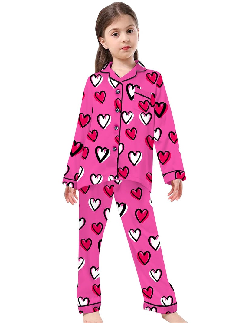 Schbbbta Girls Pajamas Set, Satin Sleepwear Button Up Pjs Sets 2 Pcs Comfy Long Sleeve Shirt Pants Outfit for Kids, Heart Hot Pink, 9-10 Years = Tag 150 - Image 2