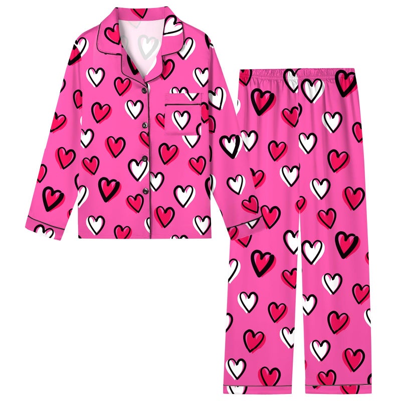 Schbbbta Girls Pajamas Set, Satin Sleepwear Button Up Pjs Sets 2 Pcs Comfy Long Sleeve Shirt Pants Outfit for Kids, Heart Hot Pink, 9-10 Years = Tag 150 - Image 1