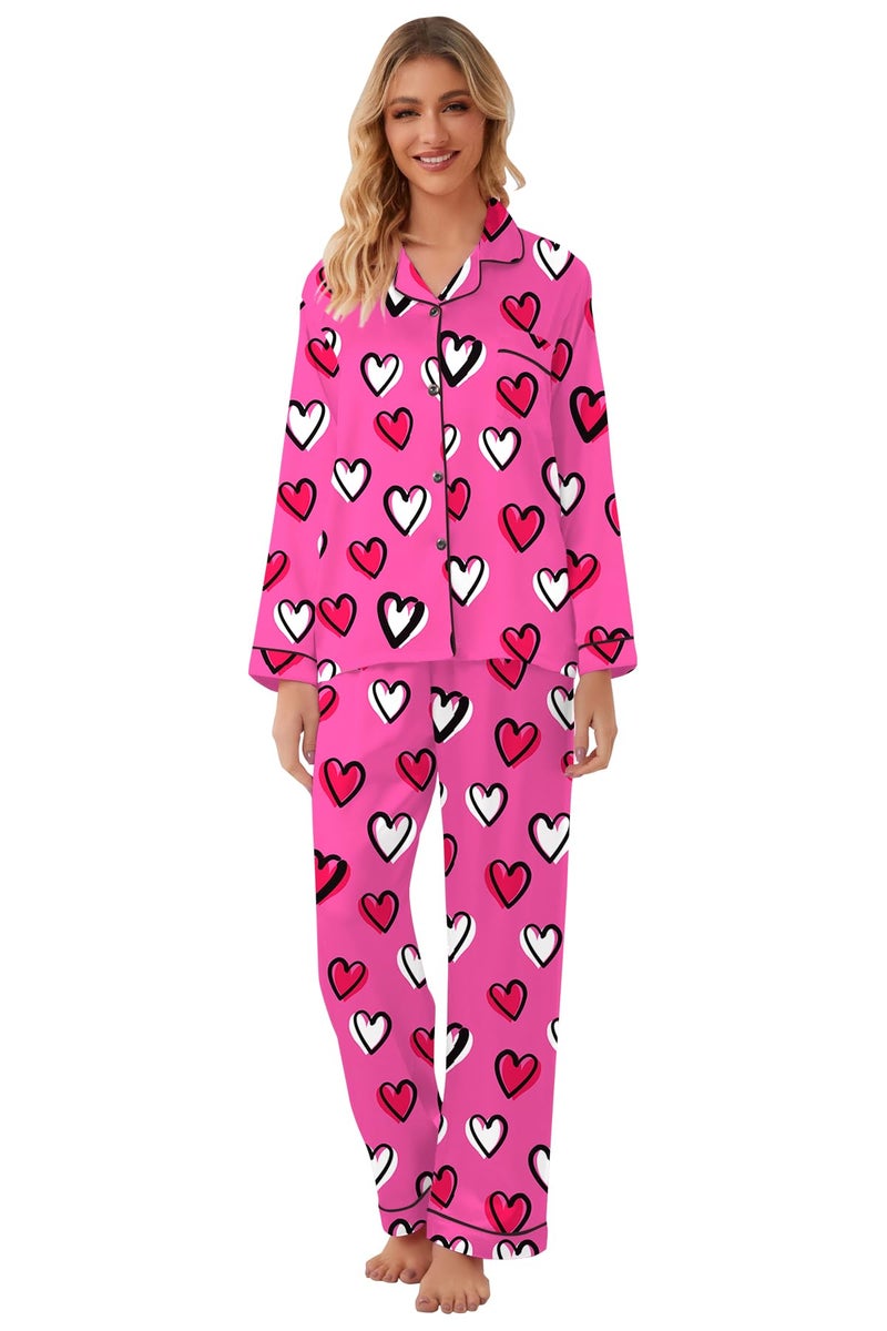 Schbbbta Girls Pajamas Set, Satin Sleepwear Button Up Pjs Sets 2 Pcs Comfy Long Sleeve Shirt Pants Outfit for Kids, Heart Hot Pink, 9-10 Years = Tag 150 - Image 4