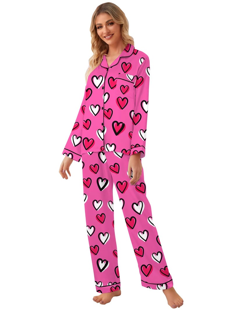Schbbbta Girls Pajamas Set, Satin Sleepwear Button Up Pjs Sets 2 Pcs Comfy Long Sleeve Shirt Pants Outfit for Kids, Heart Hot Pink, 9-10 Years = Tag 150 - Image 5