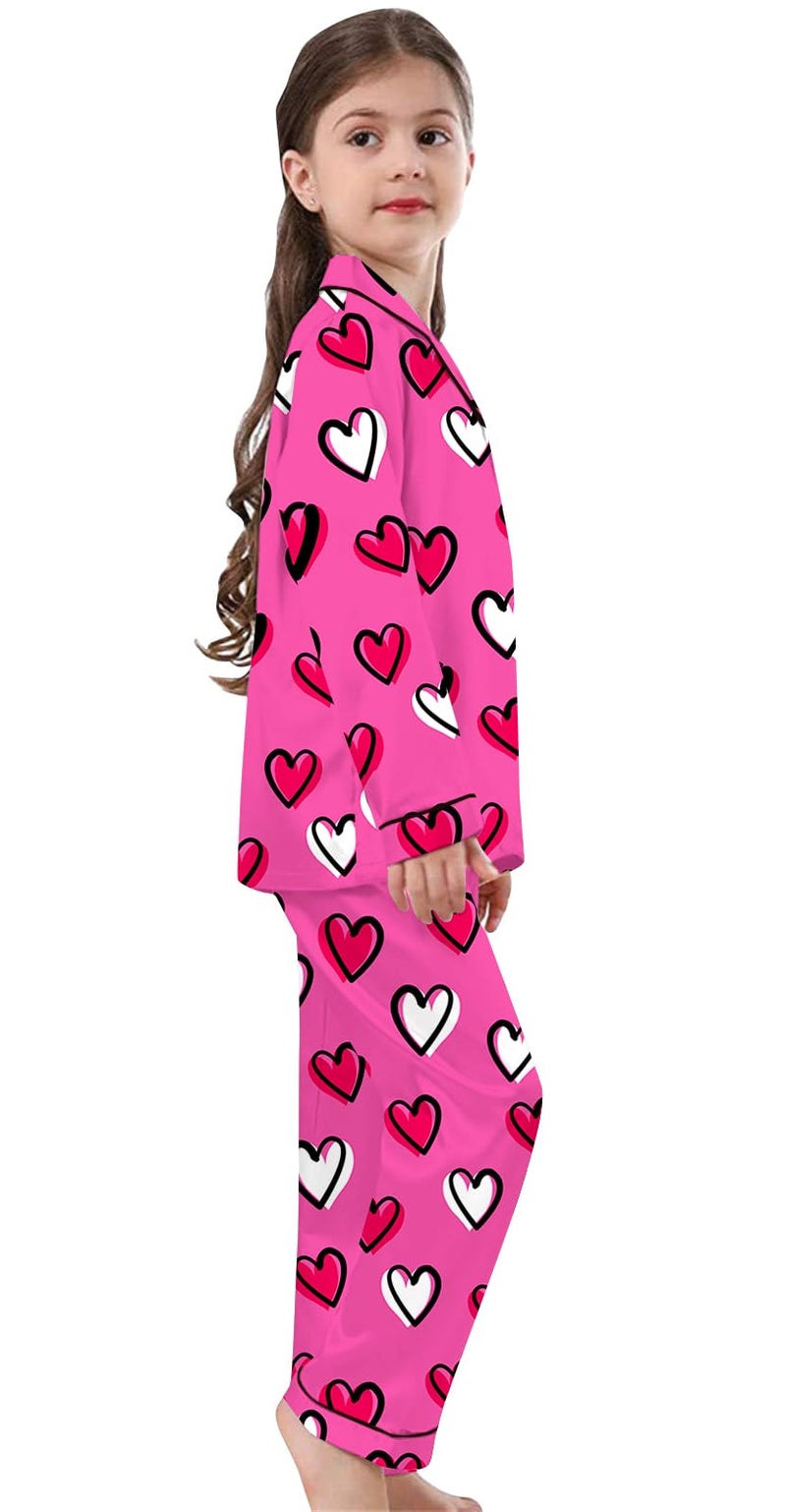 Schbbbta Girls Pajamas Set, Satin Sleepwear Button Up Pjs Sets 2 Pcs Comfy Long Sleeve Shirt Pants Outfit for Kids, Heart Hot Pink, 9-10 Years = Tag 150 - Image 3