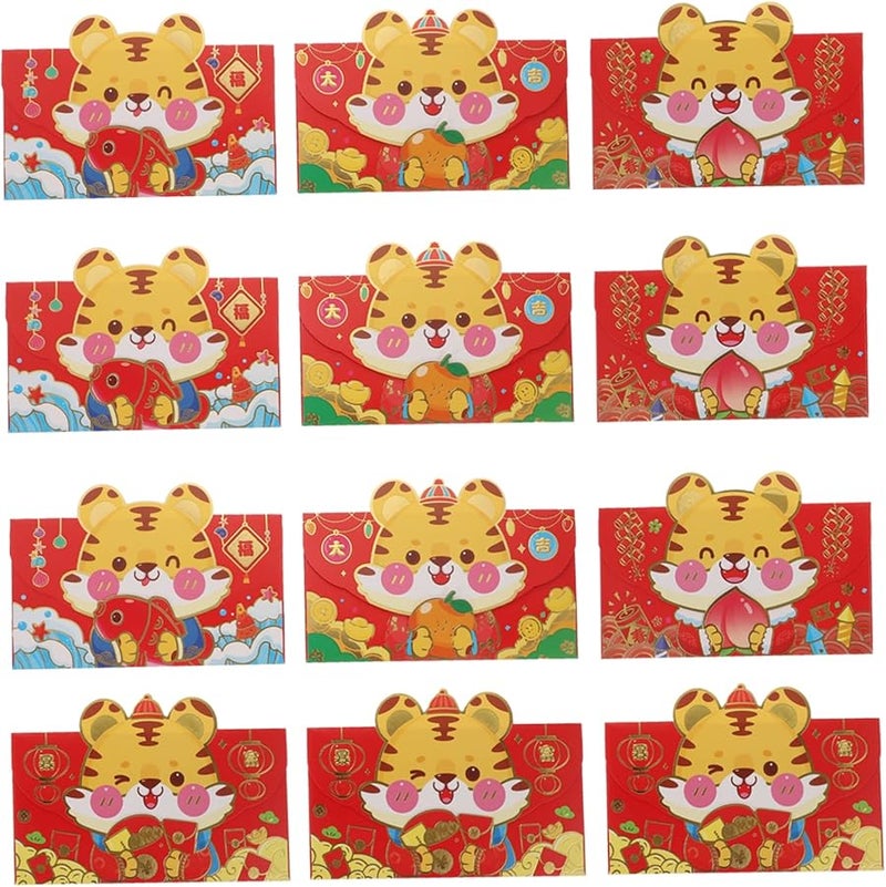 Tehaux 12 قطعة مغلفات حمراء كرتونية إبداعية للعام الصيني الجديد حفلات الزفاف أعياد الميلاد - Image 2