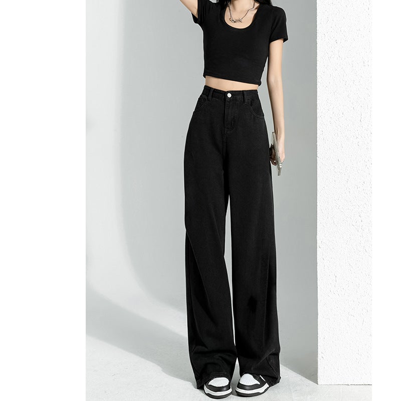 Black High-Waist Wide-Leg Jeans Women'S Spring Korean-Style Loose Slim-Fit All-Match Straight-Leg Drape Trendy Pants - Image 1