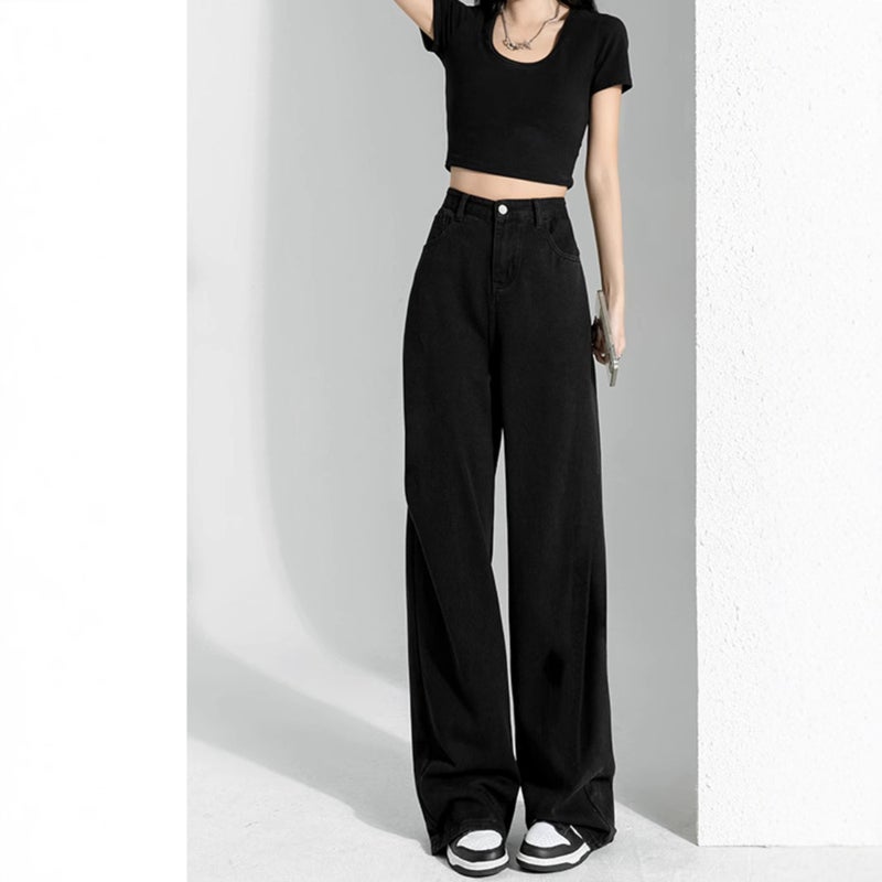 Black High-Waist Wide-Leg Jeans Women'S Spring Korean-Style Loose Slim-Fit All-Match Straight-Leg Drape Trendy Pants - Image 2