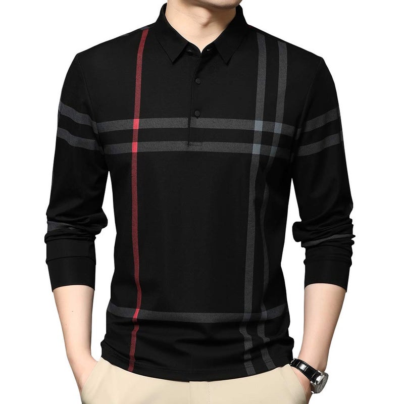Womleys Mens Casual Striped Slim Fit Long Sleeve Collared T Shirt Polo Shirts Black XLarge