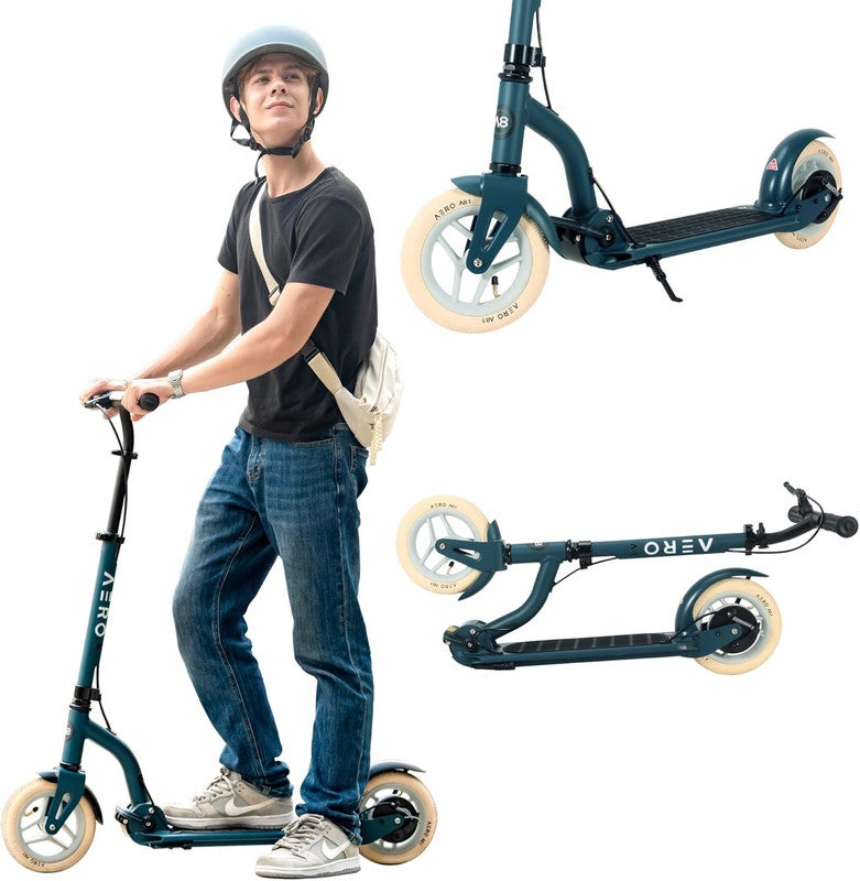 AERO MOBILITY Aero Kick Scooter for Kids 10+, Teens & Adults | Light Up Wheels, Hand Brake, Rubber Mat & Shock Absorption | Foldable & Height Adjustable - Emerald - Image 1