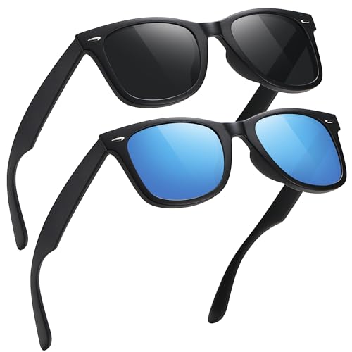 MEETSUN Polarized Sunglasses for Men Classic Retro Sun Glasses for Driving Fishing UV Protection 2 Pack Matte Black Frame Grey Blue Mirrored Lens - Image 1