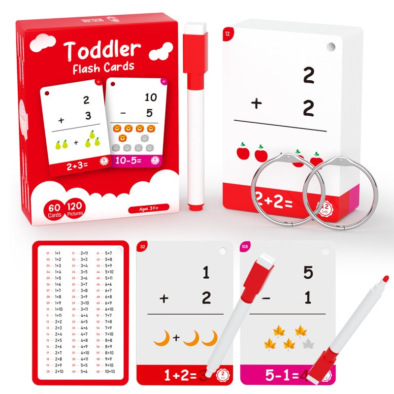 WJPC 60Cards 120 Pictures Math Flash Cards for Kindergarten1ST 2ND 3RD Grade Addition Subtraction Flash Cards for Kids Ages 678910 Years - Image 3
