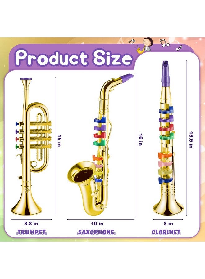Lewtemi Lewtemi Set of 3 Saxophone for Kids Musical Instruments Toy Saxophone Toy Trumpet and Clarinet with 8 Colored Coded Keys Teaching Songs Gifts for Toddlers Children(Gold)  - Image 2