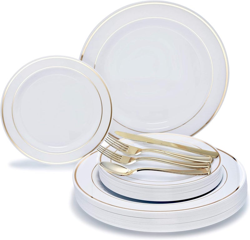 OCCASIONS FINEST PLASTIC TABLEWARE " OCCASIONS " 150pcs set (25 Guests)- Disposable Heavyweight DinnerwareWedding Plastic Plates & cutlery - 10.5'', 7.5'' + Silverware w/double fork (White & Gold Rim) - Image 1