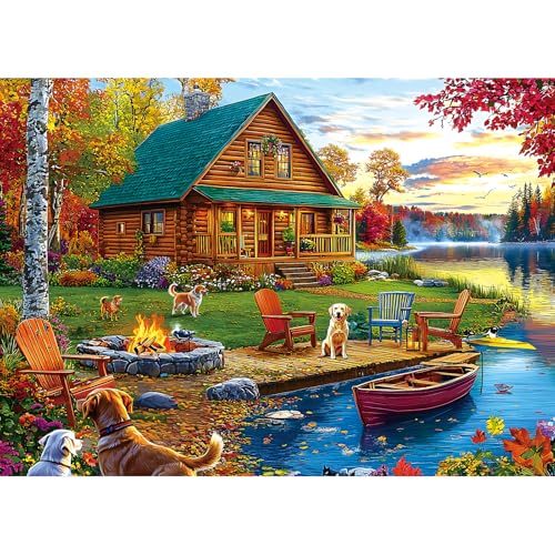 Blueforest Autumn Lake House 1000 Piece Jigsaw Puzzle for Adults Log Cabin with Dogs Fall Foliage Adult Puzzles 1000 Pieces for Family Game Night Home Decor - Image 1