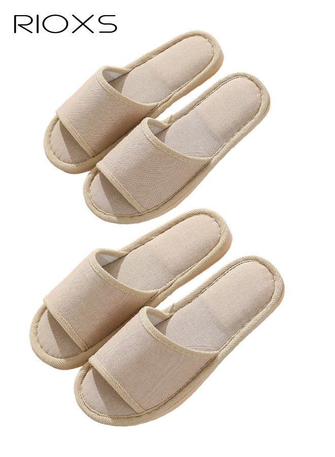 RIOXS 2 Pair Unisex Open Toe Summer House Slippers, Lightweight Breathable Slippers for Men and Women, Comfortable Slip On Slides Sandals, Washable Reusable Silent Slide Slippers for Guests, Non Slip Spa Slipper for Home Bedroom, Hotel, Travel, Beige - Image 1
