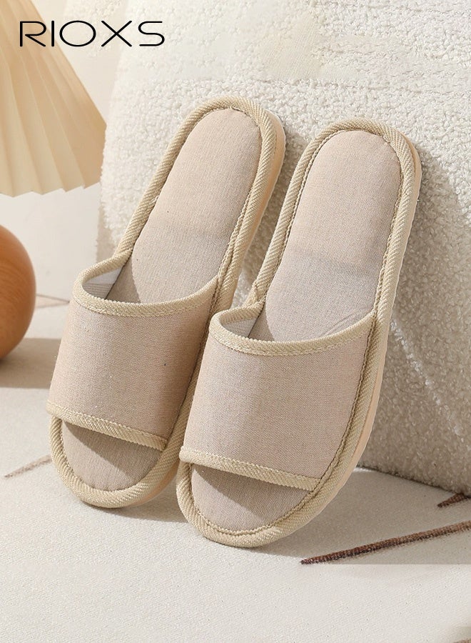 RIOXS 2 Pair Unisex Open Toe Summer House Slippers, Lightweight Breathable Slippers for Men and Women, Comfortable Slip On Slides Sandals, Washable Reusable Silent Slide Slippers for Guests, Non Slip Spa Slipper for Home Bedroom, Hotel, Travel, Beige - Image 2