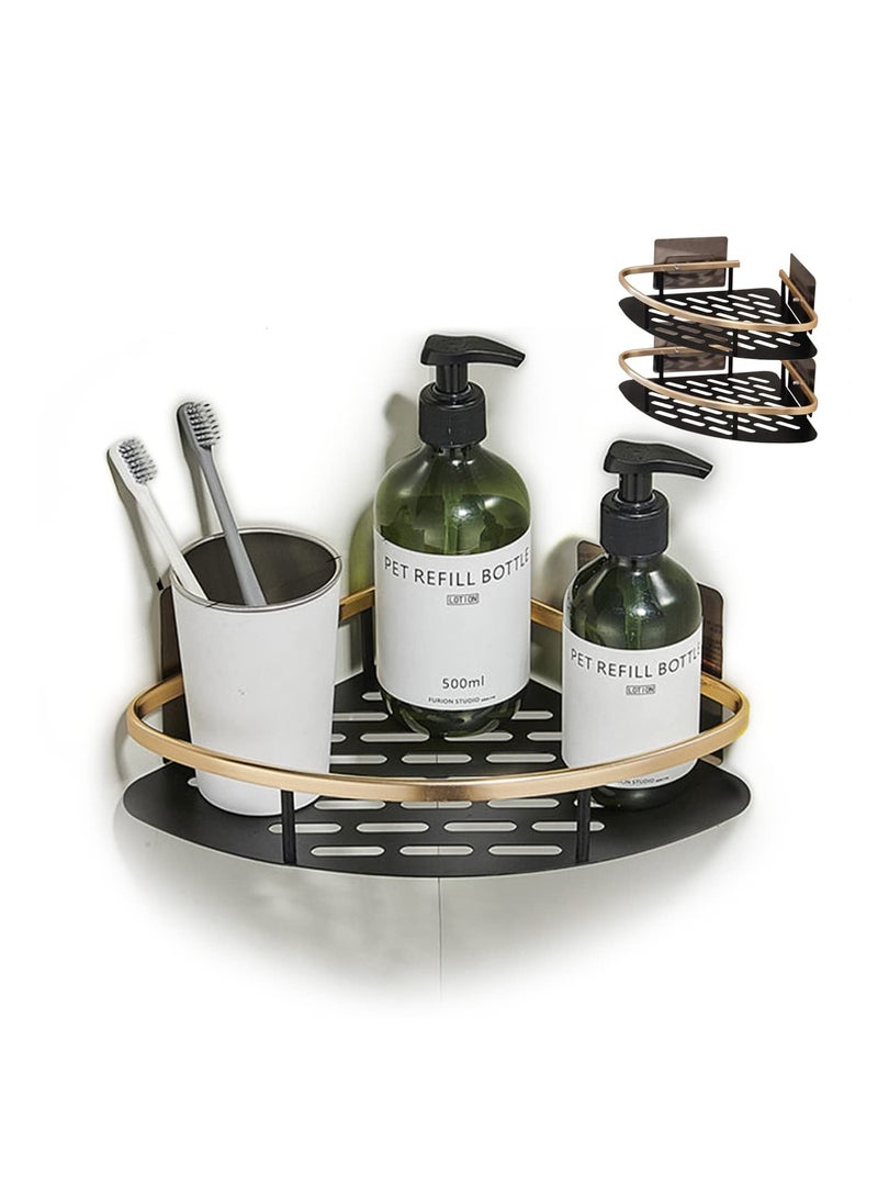 SYOSI حامل دش 2 عبوة، مثبت على الحائط بدون حفر، منظم مغسلة من سبائك الألومنيوم المقاوم للصدأ، رف تخزين الحمام والمطبخ، يتحمل 13.6 كجم، أسود مات بالذهب (مثلث) - Image 1