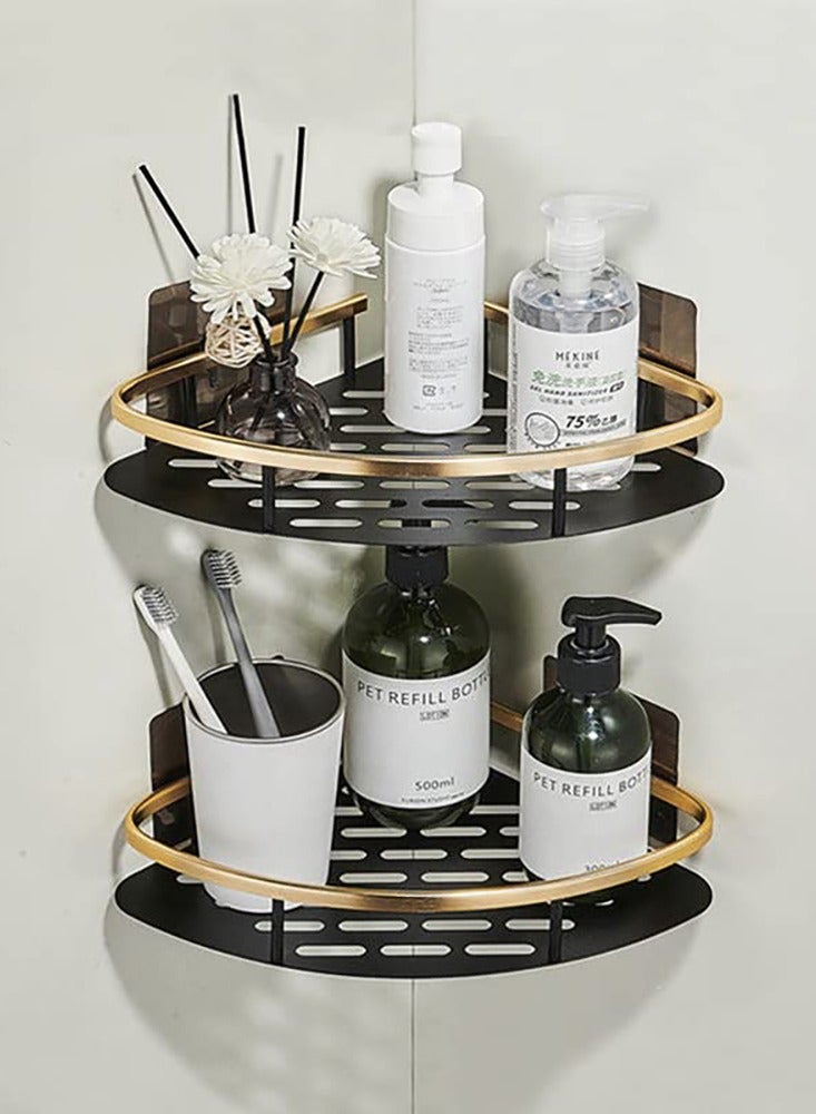 SYOSI حامل دش 2 عبوة، مثبت على الحائط بدون حفر، منظم مغسلة من سبائك الألومنيوم المقاوم للصدأ، رف تخزين الحمام والمطبخ، يتحمل 13.6 كجم، أسود مات بالذهب (مثلث) - Image 2